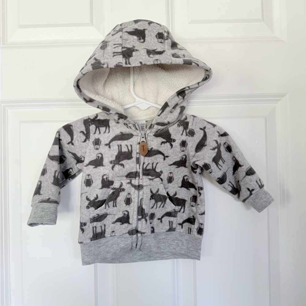 Carter's Gray Animal Print Baby Hoodie  - Size 3 months